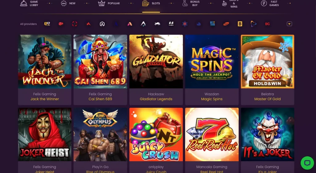 Video slots lobby at Bizzo online casino.