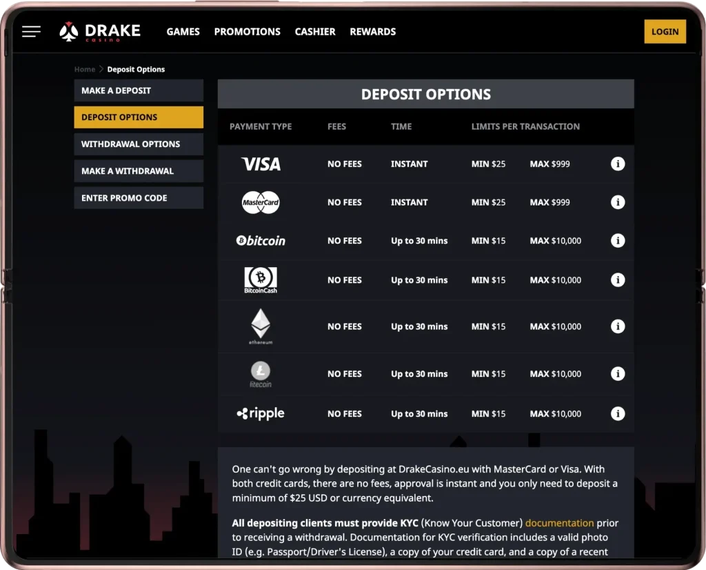 Drake Casino Payment Methods